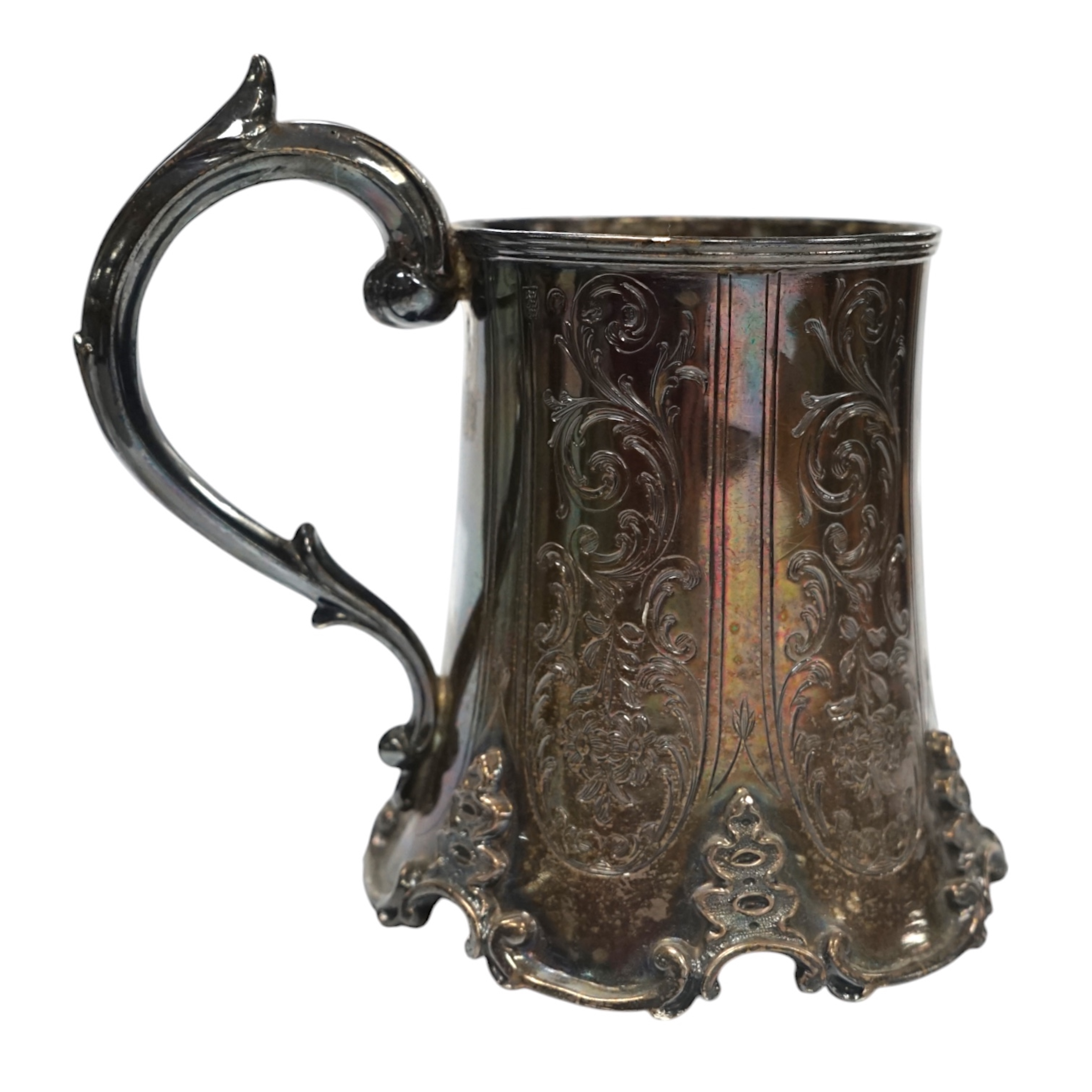 A Victorian provincial silver christening mug, with engraved decoration, Robert Williams & Sons, Exeter, 1851, 11cm. Condition - fair to good